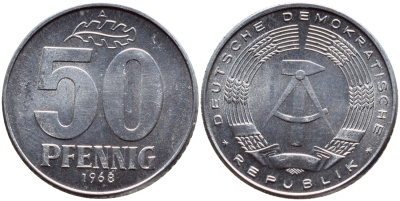 ГДР 50 пфеннигов 1968 А KM 12.2 алюминий UNC 76-1051