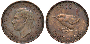 Великобритания 1 фартинг 1940 Георг VI (1936-1952) KM 843, Spink 4116 бронза 4122-653