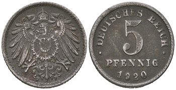 Германия 5 пфеннигов 1920 F KM 19, J. 297 железоо 4613-118