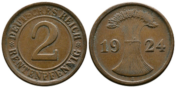ГЕРМАНИЯ 2 РЕНТЕНПФЕННИГА 1924 E KM 31, J.307 бронза 86-1846