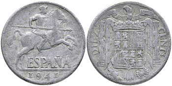 ИСПАНИЯ 10 СЕНТИМО 1941 РЫЦАРЬ НА КОНЕ KM 766 алюминий 110-922