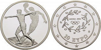 Греция 10 евро 2003 XXVIII летние Олимпийские игры 2004 года в Афинах, метание диска, дискобол KM 191 серебро PROOF 1077-10-33