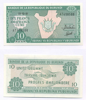 Бурунди 10 франков 1991 карта Бурунди Pick 33b бумага 7457-55-4