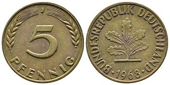 ФРГ 5 ПФЕННИГОВ 1968 J KM 107, J.382 сталь плакированная латунью 26-1141
