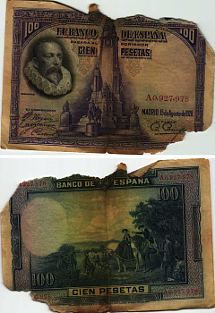 Испания 100 песет 1928 Мигель де Сервантес Сааведра, памятник Сервантесу, картина Дон Кихот Pick 76 а бумага 8609-35-2