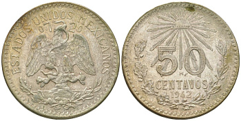 Мексика 50 сентаво 1942 Mo, тираж 800.000 экземпляров KM 447 серебро 4168-216