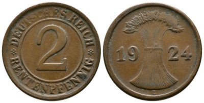 ГЕРМАНИЯ 2 РЕНТЕНПФЕННИГА 1924 E KM 31, J.307 бронза 86-1846