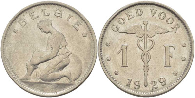 БЕЛЬГИЯ 1 ФРАНК 1929 BELGIE, АЛЬБЕРТ I (1909-1934) KM 90 никель 202-924