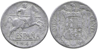 ИСПАНИЯ 10 СЕНТИМО 1941 РЫЦАРЬ НА КОНЕ KM 766 алюминий 110-922