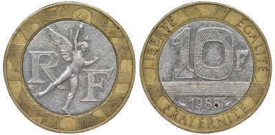 Франция 10 франков 1988 тип Гений Бастилии KM 964.1, Le Frank 375.2 биметалл 45-532