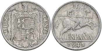 Испания 10 сентимо 1945 Франсиско Франко (1939 - 1975) KM 766 алюминий 4155-234