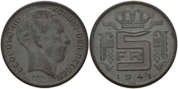 Бельгия 5 франков 1941 DES BELGEN, Леопольд III (1934-1947) KM 129 цинк 4161-931