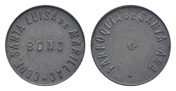 Испания, Севилья благотворительный жетон Parroquia de Santa Ana - Conf. Santa Luisa de Marillac конец XIX - начало XX века диаметр 23 мм, вес 2,82 гр цинк 1066-1-62