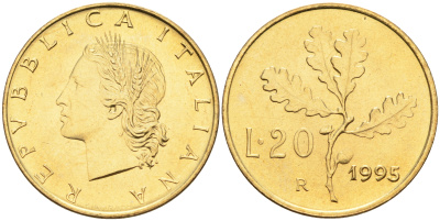 Италия 20 лир 1995 R, дубовый лист KM 97.2 алюминиевая бронза  UNC  4594-946