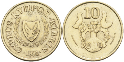 КИПР 10 ЦЕНТОВ 1991 ВАЗА С ПТИЧКАМИ, ПЕРВЫЙ ГОД KM 56.3 никель латунь 4563-744