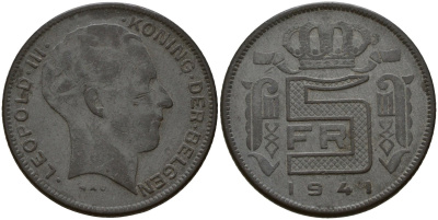 Бельгия 5 франков 1941 DES BELGEN, Леопольд III (1934-1947) KM 129 цинк 4161-931