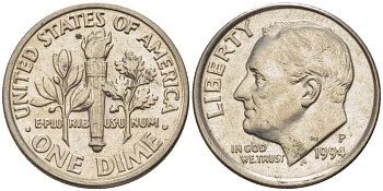 США 10 ЦЕНТОВ = 1 ДАЙМ 1994 P, РУЗВЕЛЬТ KM 195а медь плакированная медно-никелем 66-1126