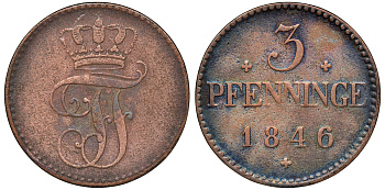 Мекленбург-Шверин 3 пфеннига 1846 Фридрих Франц II (1842-1883) KM 299 медь 4525-543
