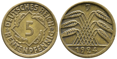 ГЕРМАНИЯ 5 РЕНТЕНПФЕННИГОВ 1924 J KM 32, J. 308 алюминиевая бронза 39-528