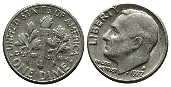 США 10 ЦЕНТОВ = 1 ДАЙМ 1977 D, РУЗВЕЛЬТ KM 195а медь плакированная медно-никелем 4383-467