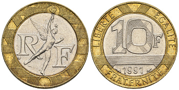 Франция 10 франков 1991 тип гений Бастилии KM 964.1, Le Frank 375.6 биметалл 85-132