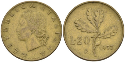 Италия 20 лир 1957 R, дубовый лист KM 97.1 алюминиевая бронза 51-823