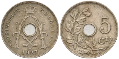БЕЛЬГИЯ 5 САНТИМОВ 1927 BELGIE KM 67 медно-никель 187-958