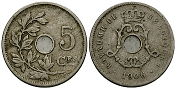 Бельгия 5 сантимов 1906 Belgique KM 54 медно-никель 4173-414