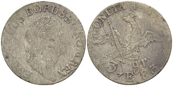 Польша, Восточная Пруссия 3 гроша 1783 Е, Фридрих II Прусский (1740-1786), вес 1,44 гр., монетный двор Кенигсберг KM 21 серебро 1517-1223
