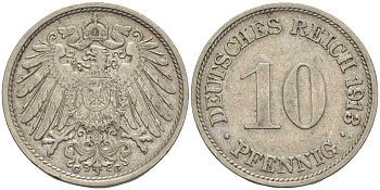 ГЕРМАНИЯ 10 ПФЕННИГОВ 1913 G KM 12, J. 13 медно-никель 33-646