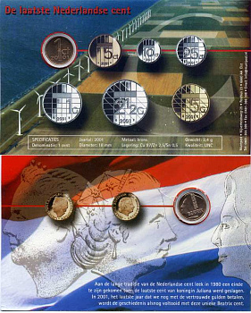 Нидерланды 1 цент 2001 в картонном буклете, последний цент Беатрикс медь цинк UNC 2-6-3-22