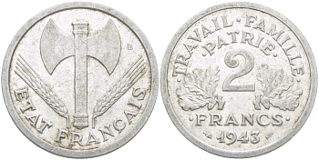 Франция 2 франка 1943 правительство Виши KM 904.1, LE FRANC 270.2 алюминий 215-521
