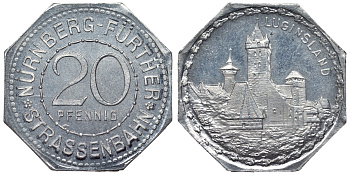 Германия, Нюрнберг - Фюрт 20 пфеннигов ND трамвайный жетон, башня Лугинсланд алюминий UNC 4119-723