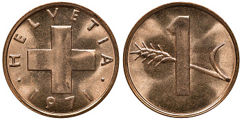Швейцария 1 раппен 1971 KM 46 бронза UNC M53-18