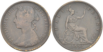 Великобритания 1/2 пенни 1891 Виктория (1837-1901) KM 754, Spink 3956 бронза 4543-1232