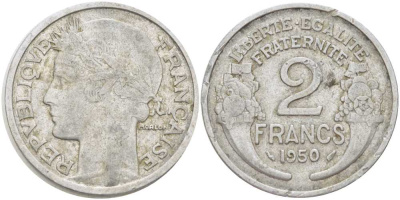 ФРАНЦИЯ 2 ФРАНКА 1950 ТИП MORLON KM 886а.1, LE FRANC 269.16 алюминий 180-1143