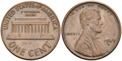 США 1 цент 1969 D, Линкольн KM 201 медь цинк 4115-848