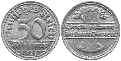 ГЕРМАНИЯ 50 ПФЕННИГОВ 1922 D KM 27, J. 301 алюминий 24-1054