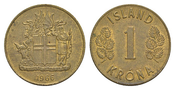 Исландия 1 крона 1966 KM 12a никель латунь aUNC 4633-1243