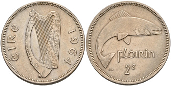 Ирландия 1 флорин 1964 лосось KM 15а медно-никель 88-722