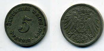 ГЕРМАНИЯ 5 ПФЕННИГОВ 1900 A, KM 11, J. 12 медно-никель 58-547