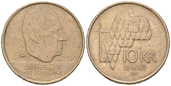 Норвегия 10 крон 1995 Харальд V (1991-) KM 457 никель латунь 94-434