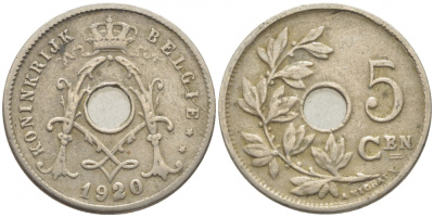 БЕЛЬГИЯ 5 САНТИМОВ 1920 BELGIE KM 67 медно-никель 112-233