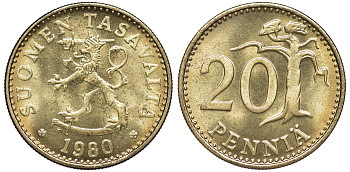 Финляндия 20 пенни 1980 K KM 47 алюминиевая бронза UNC 259-543