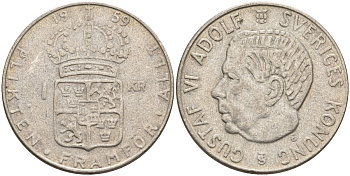 Швеция 1 крона 1959 TS, Густав VI Адольф (1950-1973) KM 826 серебро 4150-111