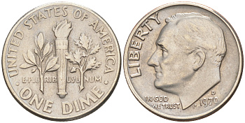 США 10 ЦЕНТОВ = 1 ДАЙМ 1970 D, РУЗВЕЛЬТ KM 195a медь плакированная медно-никелем 188-418