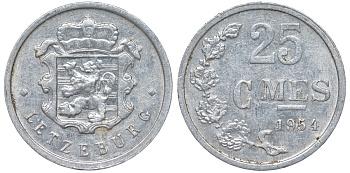 Люксембург 25 сантимов 1954 KM 45a.1 алюминий 4528-535
