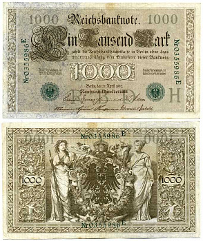 ГЕРМАНИЯ 1000 МАРОК 1910 21 АПРЕЛЯ 1910, ЗЕЛЁНАЯ ПЕЧАТЬ, СЕМИЗНАЧНЫЙ НОМЕР Pick 45b бумага 7198-31-2-1