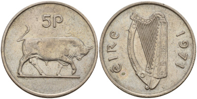 Ирландия 5 пенсов 1971 бык KM 22 медно-никель 4141-254