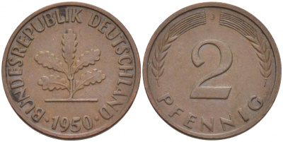 ФРГ 2 ПФЕННИГА 1950 J KM 106, J. 381 бронза 112-929